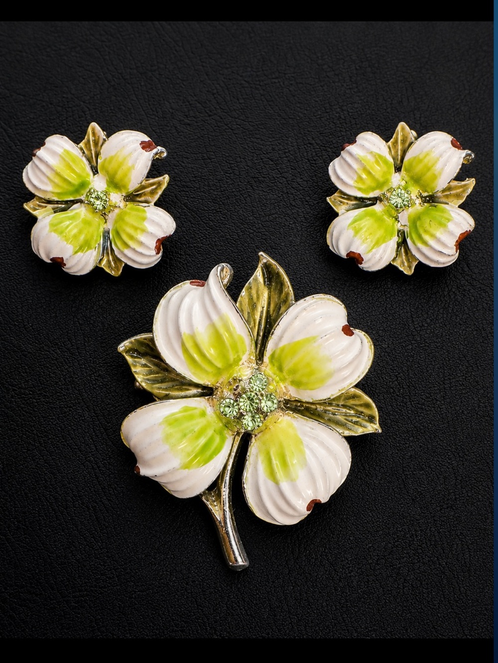 1960s Enamel Dogwood Flower Brooch Clip Earrings Set Green White Floral